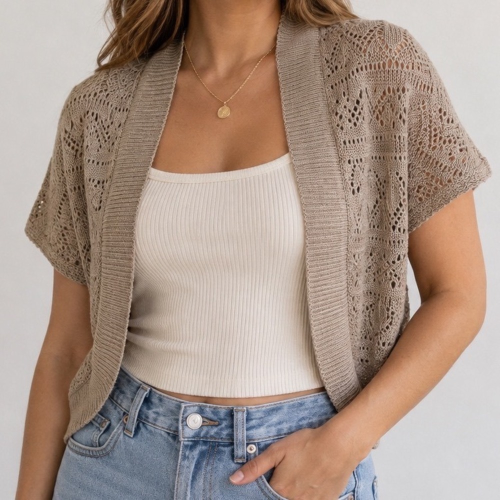 Say What Open Knit Crochet Cardigan 2X Boho Cottagecore Lightweight Beige USA